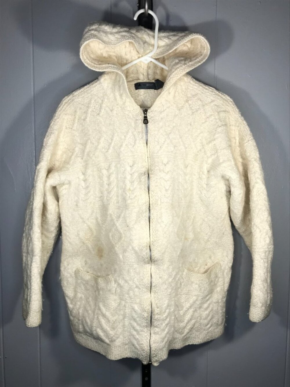 Liz Claiborne Lizwear White Cable Knit Zip Up Wool Blend Sweater Jacket Hooded L
